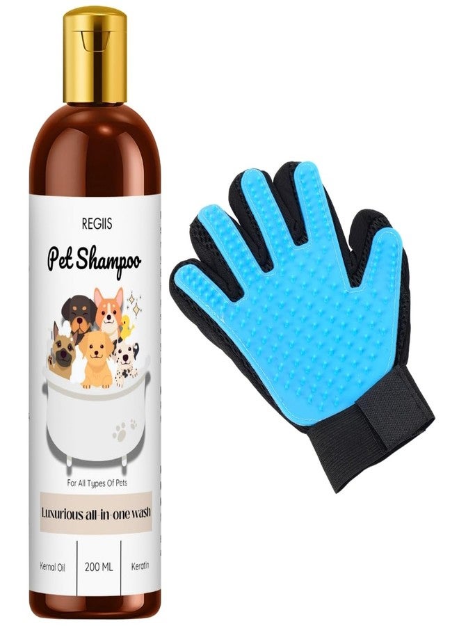 مجموعة شامبو وقفازات العناية بالحيوانات الأليفة من ريجيس، غسول فاخر ومتكامل للكلاب مع زيت نواة النحل والكيراتين، زجاجة سعة 200 مل، قفاز أزرق لإزالة الشعر الزائد (عبوة من قطعتين) - Image 1